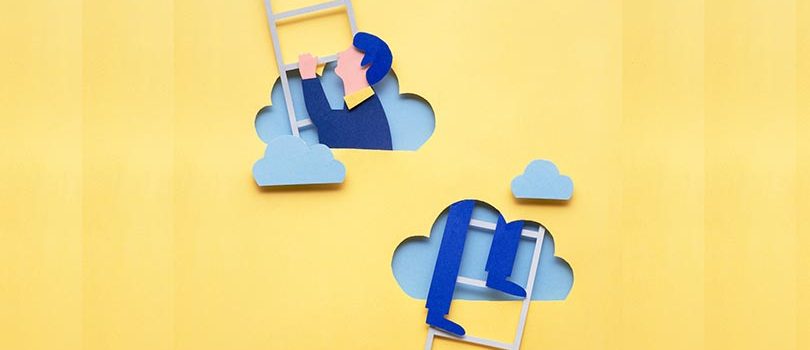 Creative concept photo of man climbing ladder made of paper on yellow background.